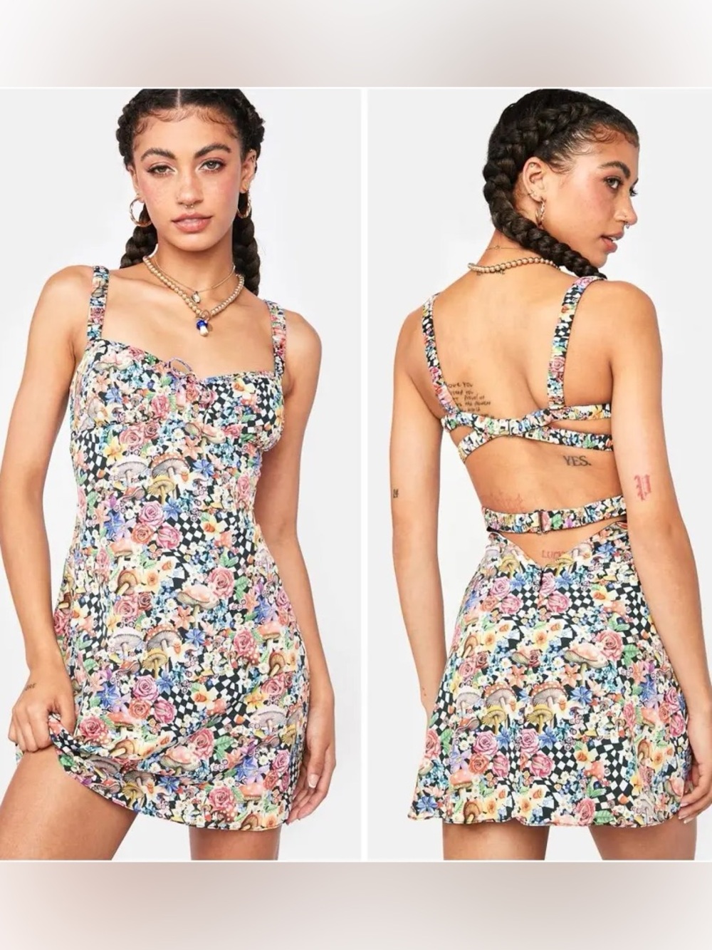 For Love and Lemons Floral Check Strappy Mini Dress